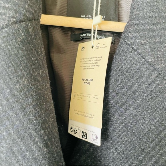 NWT Mango LARGE Check Wool-blend double breasted pea coat- black/gray - Picture 5 of 11